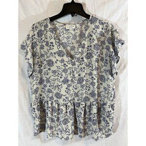 Studio B by Bobeau Women's Large Blue Paisley Shirt Sleeve Blouse